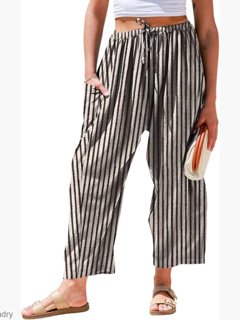 Wide Leg Linen Pants With Pockets, Drawstring Waist, Summer Casual